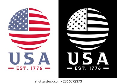 United States of America est. 1776 and flag, USA flag silhouette, USA flag in earth shape vector illustration