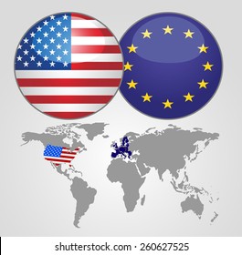 United States of America and European Union flag button against the background of the world map. Set of vector graphic icons and symbols