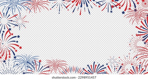 united states of America event celebration banner background with firework burst on transparent background. Vector illustration.