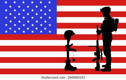 United States of America Fallen soldier symbol vector silhouette illustration USA flag. Rifle in boots, helmet and military identification plate. Battlefield dead soldier memories. Comrade lost friend
