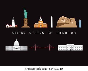 United States Of America Famous Landmarks Infographic Templates for Traveling Minimal Style and Icon Set, Symbol Set Vector Illustration Can be use for Poster Travel book, Postcard, Billboard.