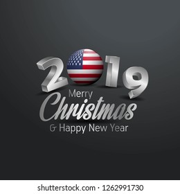 United States of America Flag 2019 Merry Christmas Typography. New Year Abstract Celebration background