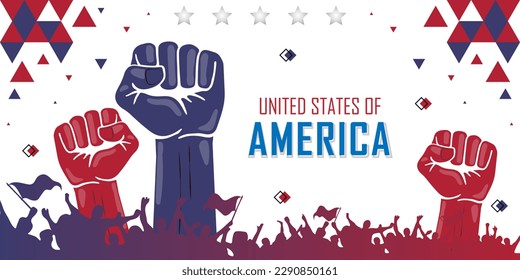 United states of america flag color, usa independence day banner abstract background, cheering people with flags, copy space for text, red and blue geometric design with stars