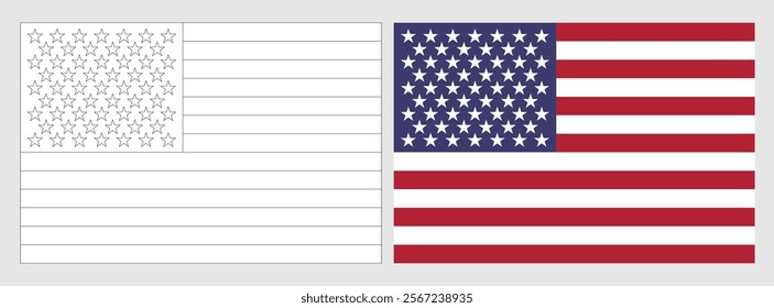 United States of America flag - coloring page. Set of white wireframe thin black outline flag and original colored flag.