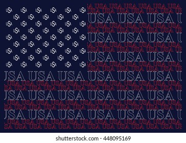 United States of America flag constructed from USA text isolated on black background 