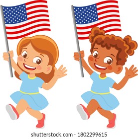 United States of America flag in hand. Children holding flag. National flag of United States of America vector