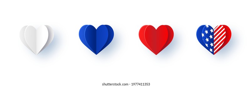 United States of America flag in heart shape. Set of hearts with american flag colors. Stars and stripes symbol of USA. 3d Paper art and craft style. Vector illustration isolated on white background.