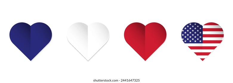 Bandera de los Estados Unidos de América en forma de corazón. Conjunto de corazones con colores de la bandera americana. Ilustración vectorial aislada sobre fondo blanco.