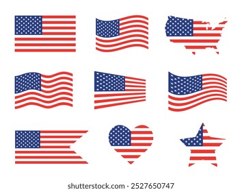 United States of America flag. America holidays, 4 july banner, Veteran day, Memorial day, USA flag different shapes.