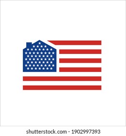 United States of America flag with home or house icon symbol for real estate or realty.