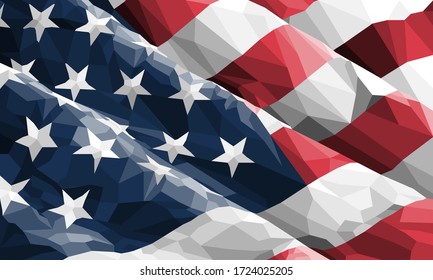 Bandera de los Estados Unidos de América ilustrada en estilo poligonal. Esta imagen vectorial recortada de primer plano tiene movimiento y profundidad con sombreado. La imagen social del héroe es ideal para el 4 de julio, Día de la Memoria o Día de la Bandera