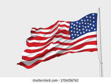 United States of America flag isolated on gray background. Realistic USA flag waving in the Wind. Vector illustration
