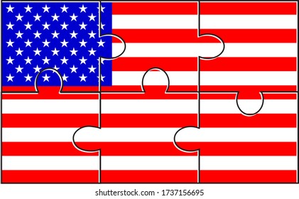 United States America Flag Jigsaw Puzzle. Vector illustration. 6 pieces of puzzles. Simple puzzles for kids.