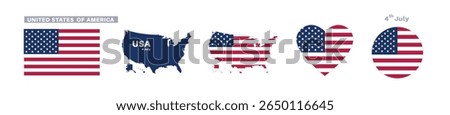 United states of america flag and map set. USA flag in official colors and proportions. independence day 4 july, map, circle and heart shaped america