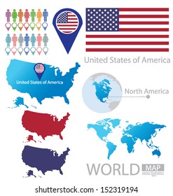 United States of America. flag. North america. World Map. vector Illustration.