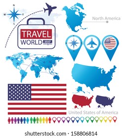 United States of America. flag. North america. World Map. Travel vector Illustration.