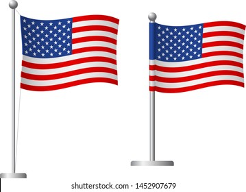 United States of America flag on pole. Metal flagpole. National flag of United States of America vector illustration