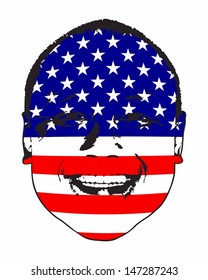 A United States of America flag on a face, isolated against white. 