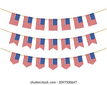 United States of America flag on the ropes on white background. Set of Patriotic bunting flags. Bunting decoration of United States of America flag