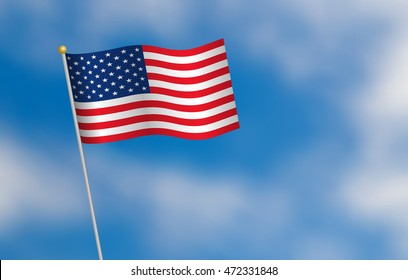 United States of America flag on blue sky background with clouds, vector illustration