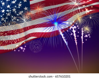 United States of America flag on sky in night time with colorful fireworks in vector illustration. Concept for banner, poster to celebrate on Independence day of America