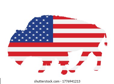 United States of America flag over bison vector silhouette illustration isolated. USA flag over buffalo, national symbol, pride and power animal. Vote campaign for election. Patriotic native symbol.