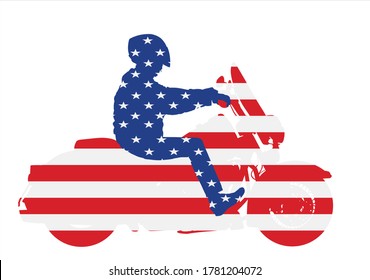 United States of America flag over biker driving a motorcycle rides on asphalt vector silhouette illustration. Freedom activity. Road travel by bike. Man on motorcycle with helmet. Boy motorbike rider