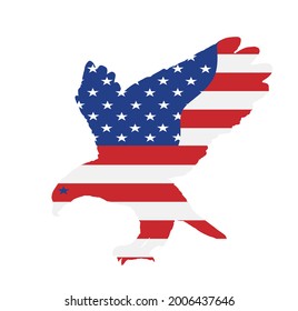 United States of America flag over Bald eagle flying vector illustration isolated on white background. Eagle soaring with spread wings. Patriot national symbol. Power and pride USA flag banner freedom