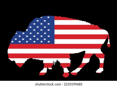 United States of America flag over bison vector silhouette illustration isolated. USA flag over buffalo, national symbol, pride and power animal. Vote campaign for election. Patriotic native symbol.