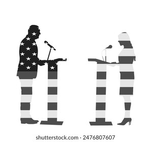 United States of America flag over election campaign vote duel. Public speaker on stage vector silhouette. Politician woman against man meeting. Business man speaking with public talking on microphone