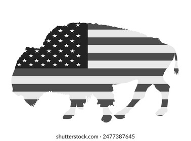 Ilustración aislada de la silueta del Vector del bisonte de la bandera de los Estados Unidos de América. Bandera de Estados Unidos sobre búfalo, símbolo nacional, orgullo y poder animal. Campaña de voto para las elecciones. Símbolo nativo patriótico.