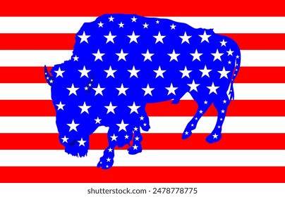 Ilustración aislada de la silueta del Vector del bisonte de la bandera de los Estados Unidos de América. Bandera de Estados Unidos sobre búfalo, símbolo nacional, orgullo y poder animal. Campaña de voto para las elecciones. Símbolo nativo patriótico.