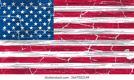 Bandeira dos Estados Unidos pintada sobre tábua de madeira. Plano de fundo do fechamento
