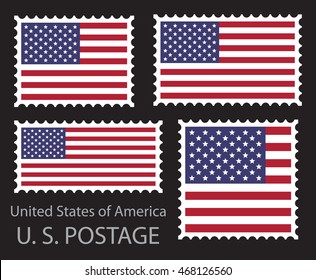 United States of America flag postage stamp set, isolated on black background, vector illustration.