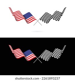 United States of America flag and race track checkered flag isolated on white and black background. Start and finish racing sport waving. Competition and poster designs