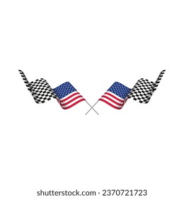 United States of America flag and race track checkered flag isolated on white and black background. Start and finish racing sport waving. Competition and poster designs