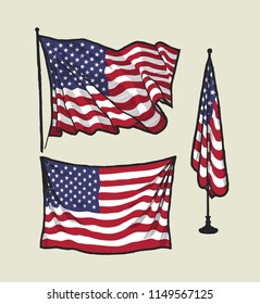 United States of America flag set - United States 3 cloth pennants hanging on the wall, fluttering on the wind, and standing in the office.