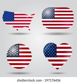 United States of America flag set in map, oval, circular and heart shape.