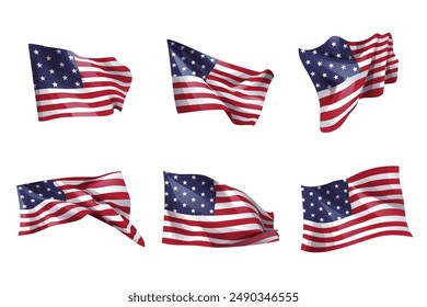 United states of america flag . Set of wavy US flag on isolated white background . Vector .