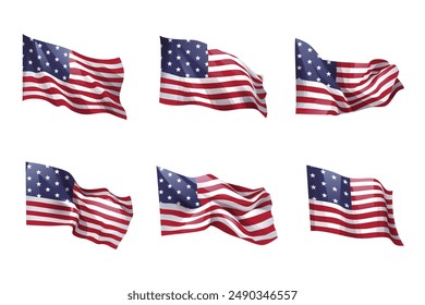 United states of america flag . Set of wavy US flag on isolated white background . Vector .