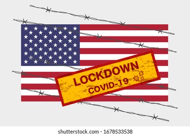 United States of America flag with signboard lockdown warning security due to coronavirus crisis covid-19 diseas design with barb wired isolate vector