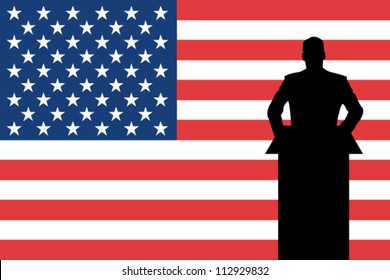 The United States of America Flag with a Silhouette of a man giving a speech