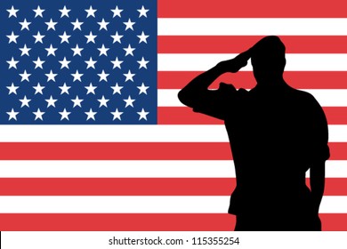 The United States of America flag and the silhouette of a soldier saluting