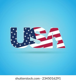 United States of America flag and text with Statue of Liberty inside isolated on blue background. Independence day wallpaper for 4 July. National holiday in North America