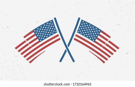 United States of America flags. Poster of USA with crossed flags. American background. USA patriotic sign. American banner template. Vector illustration.