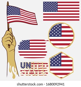 United states of America flags vector collection. Symbol of nationality with hand holding waving flag. Independence day of country. Emblem, brush shape and typography of United states. Vector eps 10