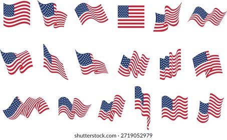United States of America flags. Vector illustration of rippling USA national flag icons in various shapes isolated on white background for patriotic designs.