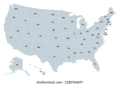 United States of America, gray political map. Fifty single states with their own geographic territories and borders, bound together in a union and federal government. Labeled with USPS abbreviations.