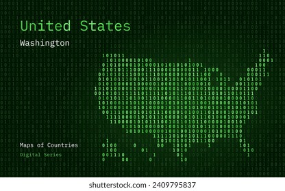 Mapa Verde de los Estados Unidos de América mostrado en el modelo de código binario. TSMC. Números de matriz, cero, uno. Mapas de vectores de países mundiales. Serie digital