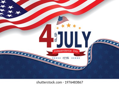 United states of America happy independence day greeting card, banner, horizontal vector illustration. USA holiday 4th of July design element with American flag with curve